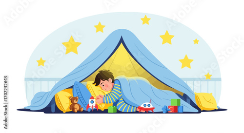 A young boy sleeping peacefully under a cozy blanket in a dreamlike bedroom scene