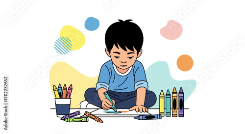 A Young Boy Sitting and Drawing with Crayons, Cute Artistic Cartoon Illustration