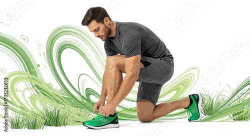 Athlete tying shoelaces before workout in abstract green environment for fitness concept