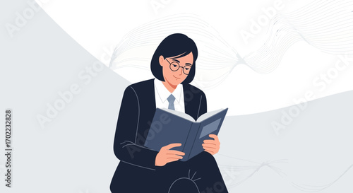 Attentive Professional Woman Delighted Reading Book, Immersed In Literary Study Or Research
