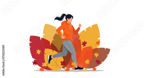 Autumn Jogger: Woman Exercises Amidst Fall Foliage with Dynamic Movement and Energetic Vibe
