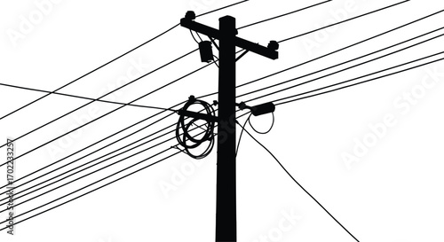Silhouette of Utility Pole with Coiled Cable, Power Lines, and Streetlight, Vector Illustration of Electrical Infrastructure, Energy Transmission, Industrial Utility Pole, Technology Concept