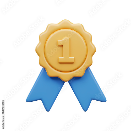 Gold First Place Medal with Blue Ribbon on Transparent Background