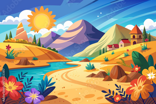 vector of The pleasant combination of incoming sands, colorful flowers on the edge and the sun shining on the village at the foot of the mountain; A picture of peace.