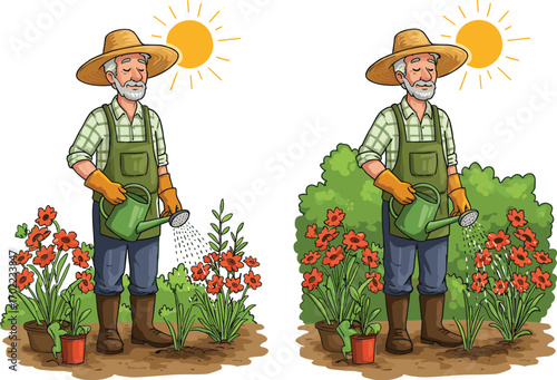 Elderly man watering garden with flowers and plants, showing before and after growth in sunny outdoor nature vector illustration