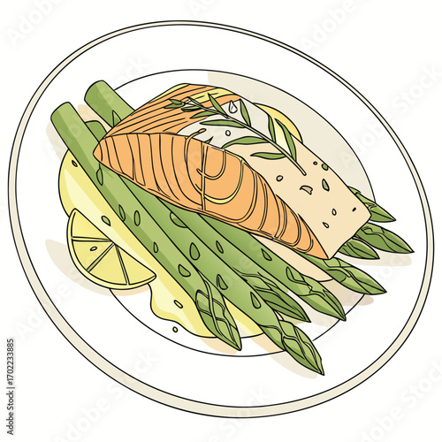 Culinary illustration of a gourmet baked salmon fillet seasoned with fresh herbs presented elegantly on a bed of vibrant greens and garnishes perfect for food blogs and restaurant menus