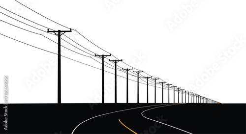 Silhouette of Multiple Utility Poles Along Curved Road with Electric Transmission Lines, Vector Illustration of Energy Infrastructure, Grid System for Industrial and Technology Concepts