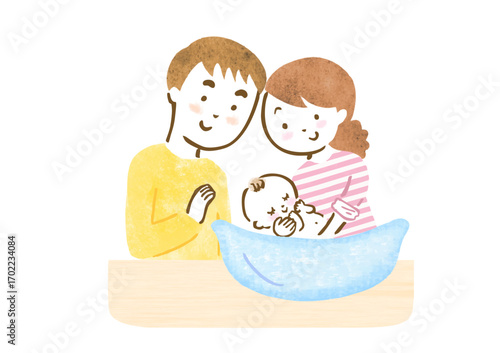 赤ちゃんを沐浴させている夫婦の手描きイラスト