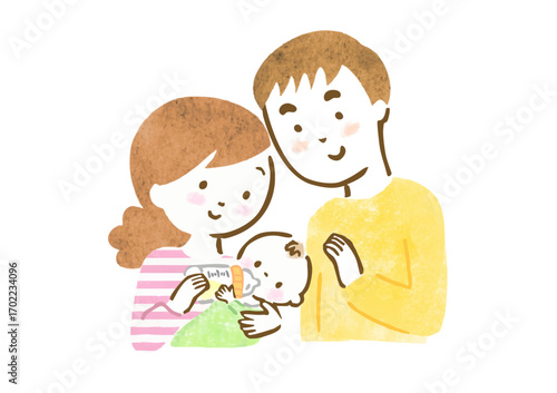 赤ちゃんにミルクをあげている夫婦の手描きイラスト