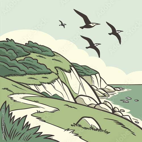 Graceful flock of birds in formation soaring over a tranquil coastline evoking a sense of peace and natural beauty in a vibrant vector illustration