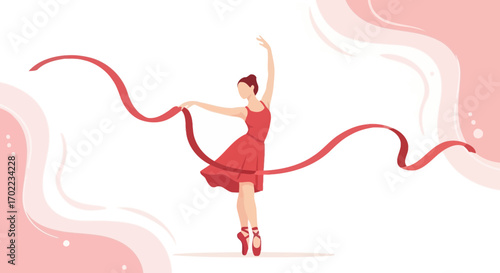 Ballerina with red dress and ribbon dancing, flat illustration on a pink background