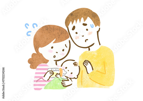 赤ちゃんの授乳がうまくいかずに焦っている夫婦の手描きイラスト