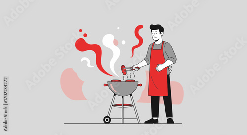 Barbecue Illustration Depicting A Person Grilling Sausages For An Enjoyable Summer Picnic