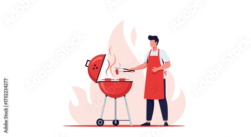 Barbecue scene illustration: a man grilling juicy sausages over a hot grill