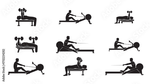 Sport man doing Seated Cable Row in gym vector silhouette illustration. Low cable pulley row seated. Fitness instructor demonstration. Personal trainer exercise on simulator gym machine. Health care.