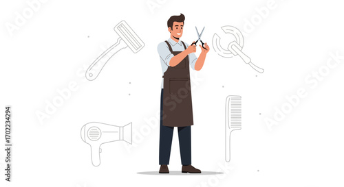 Barber With Tools Conceptualizing Hairstyling And Grooming On A Plain White Surface