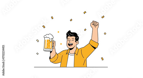Cheerful man celebrating with a beer in hand vector illustration
