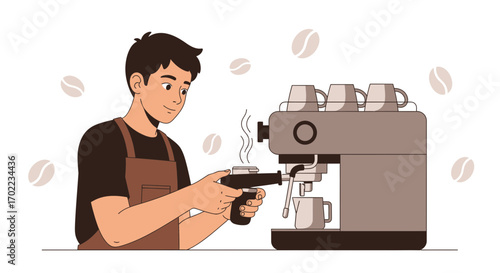 Barista preparing coffee using an espresso machine in a coffee shop illustration