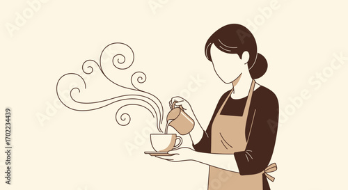Barista pouring milk into coffee cup with steam, vector illustration, cafe concept design