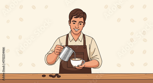 Barista Skillfully Pouring Cream Into Coffee Creating A Perfect Cup Of Caffeine Drink