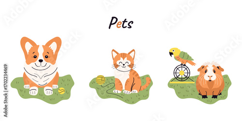 A set of cute hand-drawn flat-style pets. A funny guinea pig, a parrot, a kitten, and a puppy. Vector design.