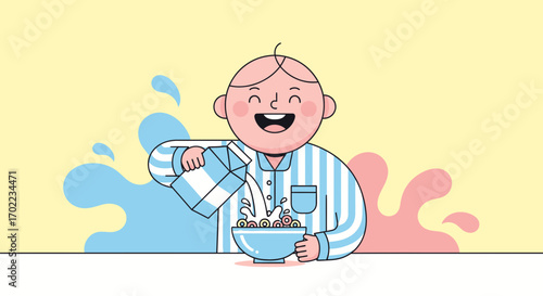 Cheerful Person Enjoying Breakfast Cereal and Milk Vector Illustration