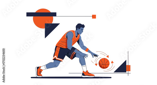 Basketball Player Dribbling Ball, Dynamic Sports Vector Illustration on White Background
