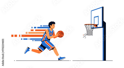 Basketball player dribbling towards the hoop with a ball ready to score a point