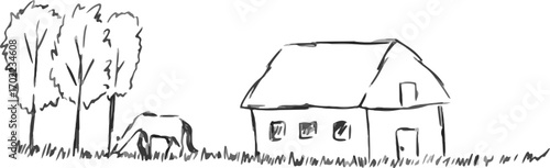 Residential house on a summer meadow and a grazing horse near trees, drawing sketch, pencil sketch in gray style, template for covers, websites, creative design for creative idea
