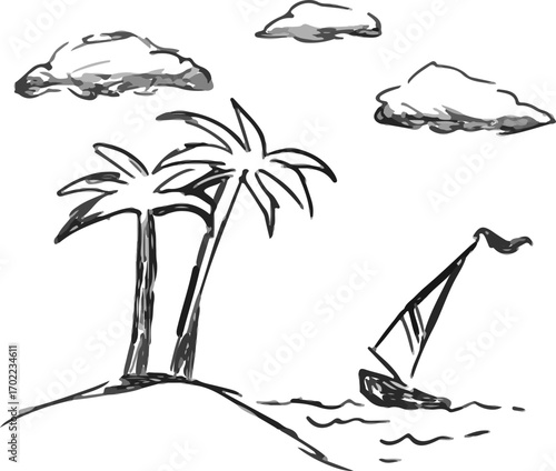 Beach with two palm trees and a boat with a sail floating in the distance in the sea under the clouds, drawing sketch, pencil sketch in gray style, template for covers, websites, creative design for c