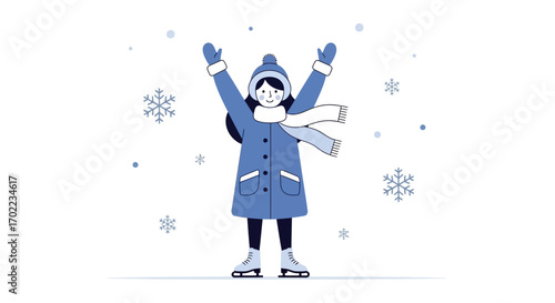 Cheerful Winter Skating Illustration with Snowflakes Falling, Upbeat Blue Tones