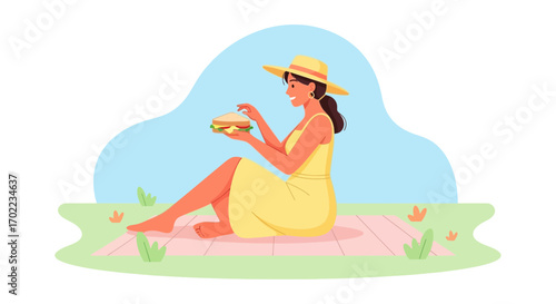 Cheerful Woman Enjoying Sandwich During Picnic In Sunny Day Outdoors