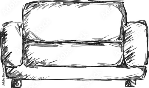 Sofa with armrests on small legs, front view, drawing sketch, pencil sketch in gray style, template for covers, websites, creative design for creative idea