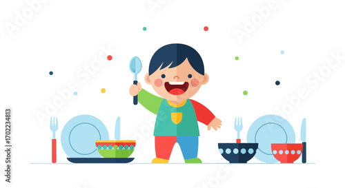 Cheerful Youngster Celebrating Mealtime, Ready To Enjoy Delicious Food With Utensils
