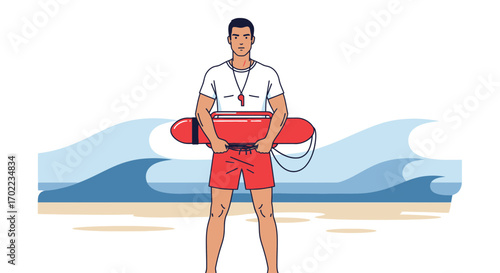 Beach Lifeguard Holding a Water Rescue Float Standing in Front of Ocean Waves