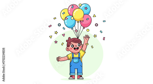 Cheerful Youngster Celebrating With Colorful Air Balloons, Party and Festive Elements