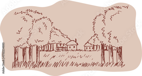 A plot of land with residential buildings visible in the distance, set on a summer meadow surrounded by trees, pencil sketch in warm beige tones, sketch drawing, background fill with arbitrary contour