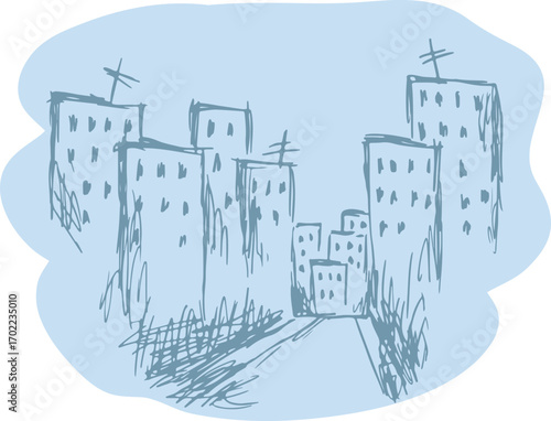 Multi-storey buildings with a road leading into the city, pencil sketch, blue tones drawing, drawing sketch, template for covers, websites, creative design for creative idea