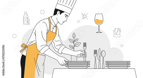 Chef arranging plates and cutlery on a table for restaurant service or food preparation