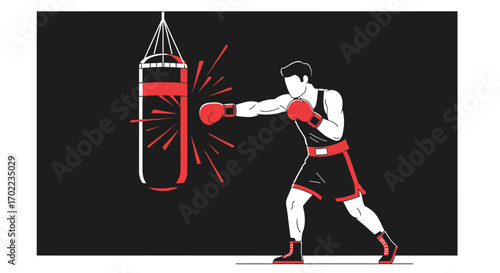 Boxing training illustration featuring a boxer punching a bag in a minimalist style