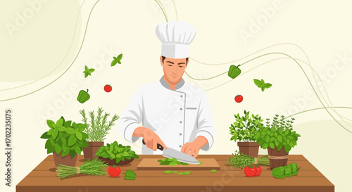 Chef Carefully Preparing Fresh Ingredients with Green Herbs for Delicious Culinary Creations