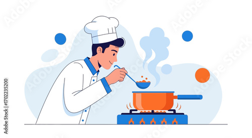 Chef cooking and tasting food in the kitchen illustration vector design
