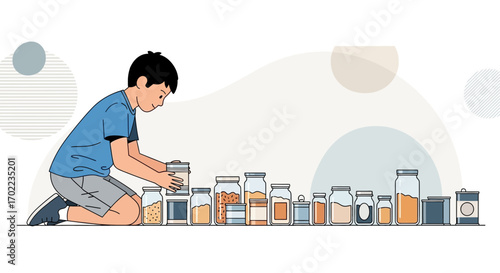 Boy organizing pantry with jars and canned goods in an illustration style