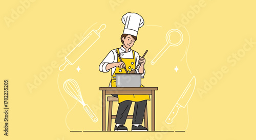 Chef cooking food in a kitchen with cooking utensils and wearing a hat