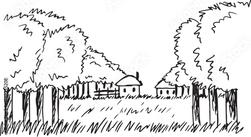 Land plot on a lush summer meadow with trees nearby and residential houses seen far away, pencil sketch with black lines, drawing sketch, template for covers, websites, creative design for creative id