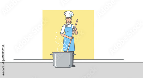Chef cooking food in a pot, vector illustration, culinary arts, cooking process