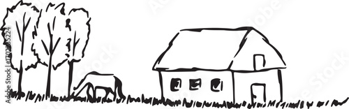 A residential home on a summer meadow and a horse grazing peacefully near the trees, pencil sketch with black lines, drawing sketch, template for covers, websites, creative design for creative idea