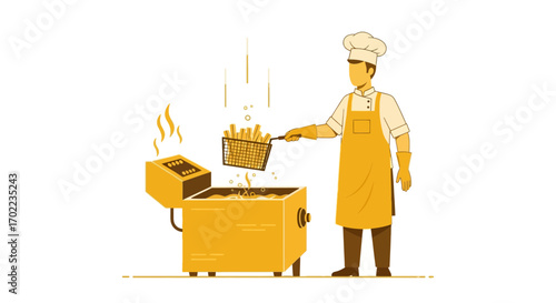 Chef Cooking Golden Fried Potatoes Using Professional Commercial Deep Fryer Equipment