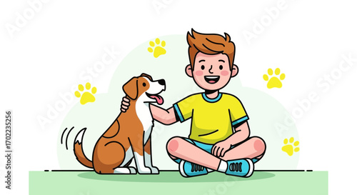 Boy petting a dog vector illustration, friendship, love, pet care concept