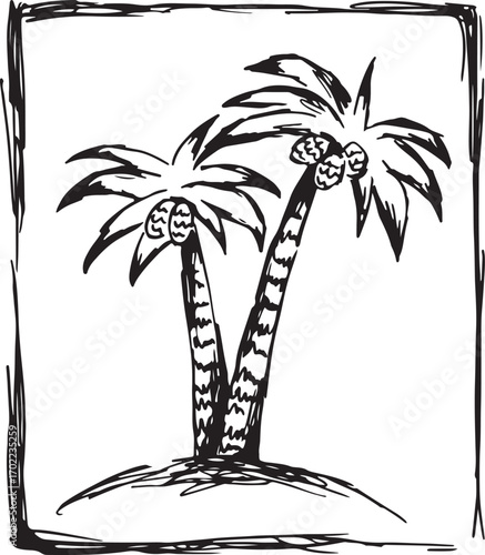 Two coconut palm trees enclosed by a rectangular border, pencil sketch with black lines, drawing sketch, template for covers, websites, creative design for creative idea